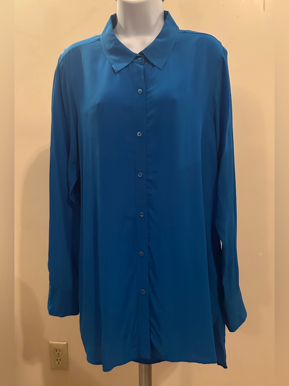 Eileen Fisher Teal Button-Front Silk-Like Blouse